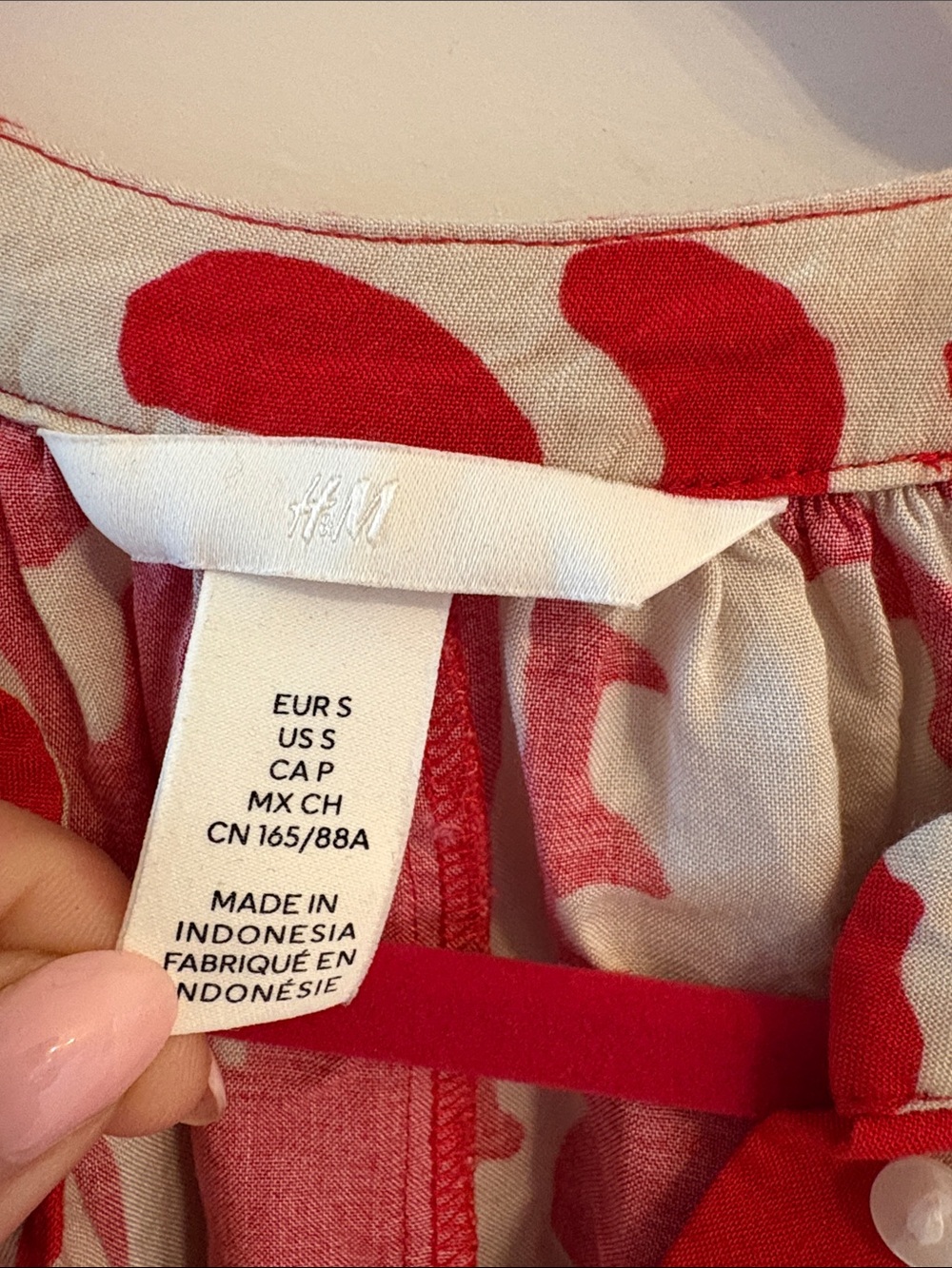 H&M Red and Cream Printed Long-Sleeve Peasant Blouse - Picture 2 of 4